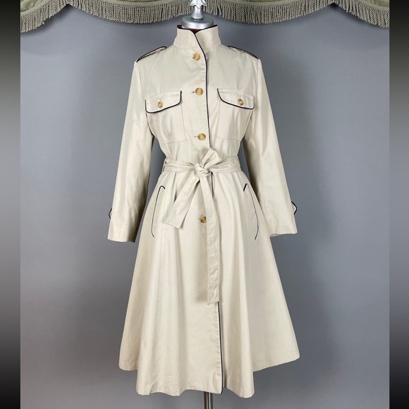 1970s princess coat vintage NAVY + BEIGE TRENCHCOAT fit flare full skirt jacket - Picture 6 of 10